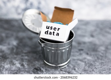 online privacy and stored information concept, metaphor of box with User data label thrown into recycle bin