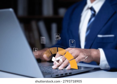 Online procurement workflow concept. User using laptop with procurement and document icons, contract approval, supplier management, purchasing process and digital business operations.