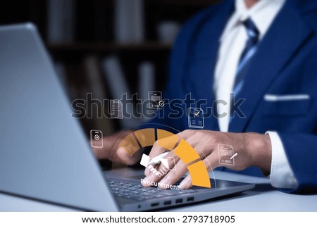 Online procurement workflow concept. User using laptop with procurement and document icons, contract approval, supplier management, purchasing process and digital business operations.