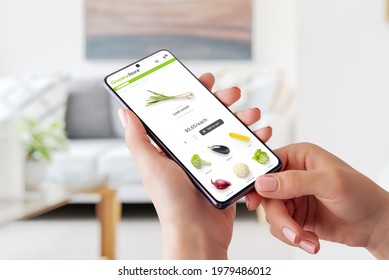 Online Purchase Of Vegetables And Home Groceries From A Mobile Phone. Modern Flat Design App Concept