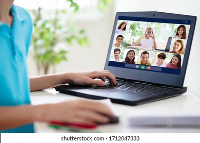 Online Remote Learning. High School Kids With Computer Having Video Conference Chat With Teacher And Class Group. Teenager Studying From Home. Homeschooling During Quarantine And Coronavirus Outbreak.