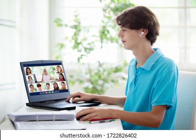 Online Remote Learning. High School Kids With Computer Having Video Conference Chat With Teacher And Class Group. Teenager Studying From Home. Homeschooling During Quarantine And Coronavirus Outbreak.