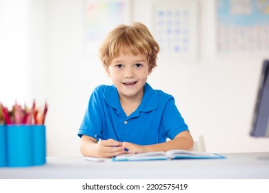 Online Remote Learning. School Kids With Computer Having Video Conference Chat With Teacher And Class Group. Child Studying From Home. Homeschooling During Quarantine And Coronavirus Outbreak.