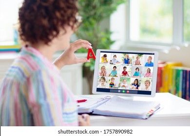 Online Remote Learning. Teacher With Computer Having Video Conference Chat With Student And Class Group. Teaching And Learning From Home. Homeschooling During Quarantine And Coronavirus Outbreak.