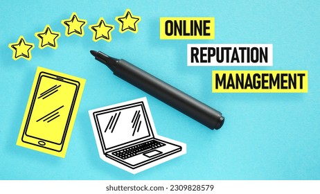 Online Reputation Management ORM is shown using a text and pictures of smartphone and laptop