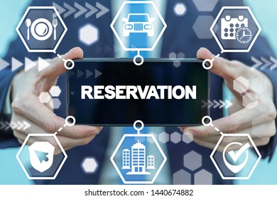 Online Reservation Hotel Car Restaurant Food Internet Service Application. Man holding smartphone with reservation word on display. - Shutterstock ID 1440674882