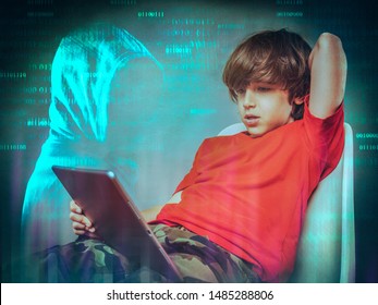  Online Safety Concept   Young Boy Surfing The Web  And Hooded Hacker 