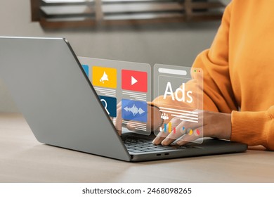Online sales concept of digital marketing, ad, product ads, promotion of products or services through digital tools. Online advertising concept Internet advertising digital marketing Social media