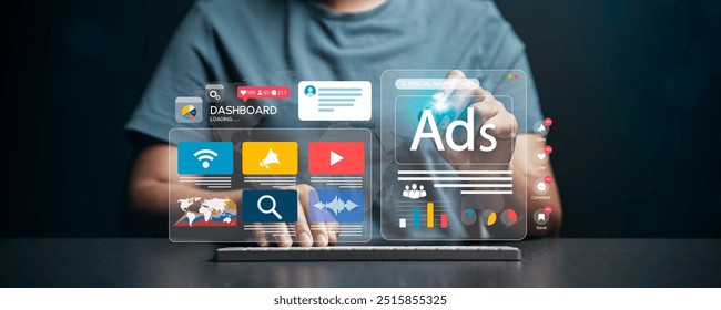 Online sales concept of digital marketing, ad, product ads, promotion of products or services through digital tools. Online advertising concept Internet advertising digital marketing Social media