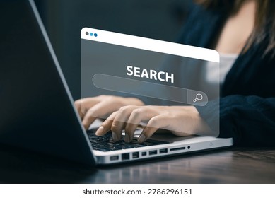 Online search engine interface on laptop with digital browser window, internet research and web technology concept for information access, SEO and data discovery services.