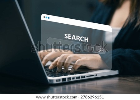 Online search engine interface on laptop with digital browser window, internet research and web technology concept for information access, SEO and data discovery services.