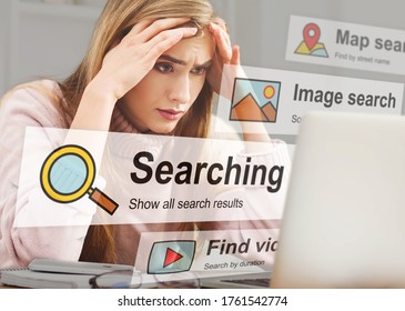 Online Search. Overwhelmed Woman Browsing Internet Searching Information Sitting At Laptop Indoor. Collage With Searching Bar And Icons