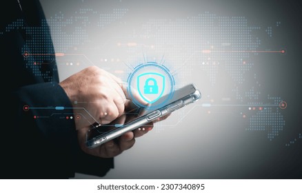 Online Security Identity Verification Concept. Businessman scans his finger to verify identity to access the corporate system. Cyber security and information technology.
