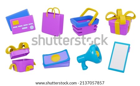 Online shop 3d render realistic vector icon set. Card, bag, basket, gift, gift open, money, promotion, phone