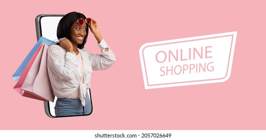 Online Shopping Banner. Beautiful Black Woman With Gift Bags Coming Out Of Cellphone Screen On Pink Studio Background, Collage. Internet Store, Web Delivery Concept