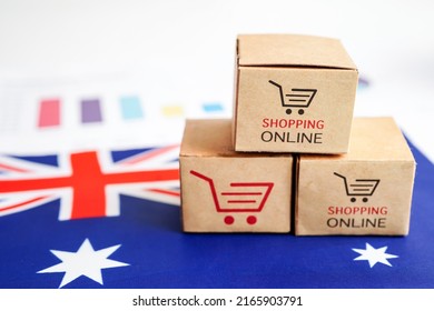 Online Shopping, Shopping Cart Box On USA Australia Flag, Import Export, Finance Commerce.