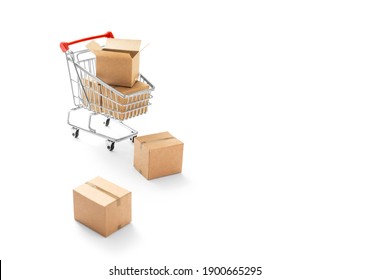 Online Shopping -Carton Paper Boxes And Shopping Cart On White Background