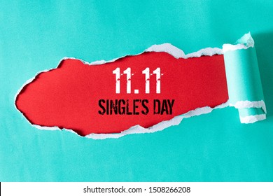 Online shopping of China, 11.11 single's day sale concept. Top view of green pastel torn paper and the text 11.11 single's day sale on a red background. - Shutterstock ID 1508266208