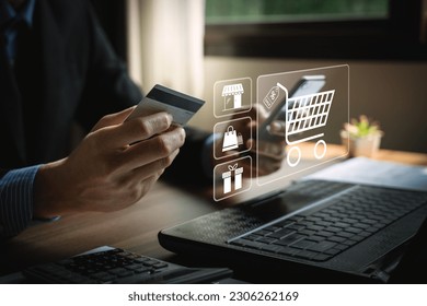 online shopping concept, businessman use smartphones and credit cards to purchase products from online stores and shop on the internet, ecommerce store, online business, convenience, competitive price