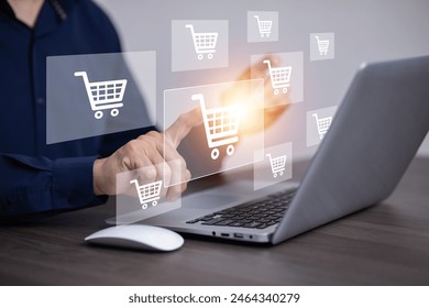 online shopping concept, marketplace website with virtual interface of online Shopping cart part of the network, Online shopping business with selecting shopping cart.