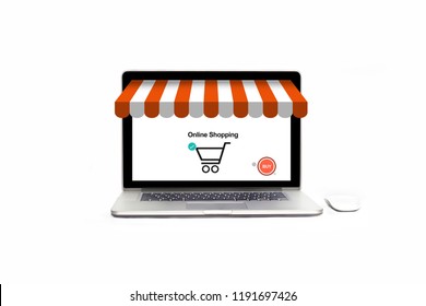 Online shopping concept. Open laptop store with icon buy, payment and business marketing. Digital online store and network connection on isolated white background.