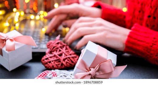 Online Shopping Concept With Woman Hand Typing Computer Keyboard. Valentines Day International Women's Day And Christmas Hearts Gift Box. Presents. Shopping, Internet Banking, Store Online, Payment