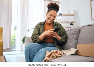 Online shopping, delivery and black woman with phone on sofa happy with package or product at home. Ecommerce, smile and African lady with smartphone for customer experience, survey or app in house - Shutterstock ID 2337393123