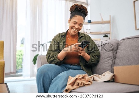 Online shopping, delivery and black woman with phone on sofa happy with package or product at home. Ecommerce, smile and African lady with smartphone for customer experience, survey or app in house