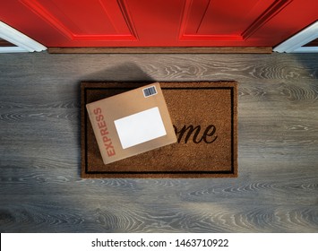 Online Shopping Express Delivery Box Outside Door. Overhead View. Add Your Own Copy And Label