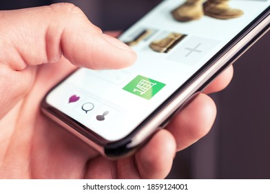 Online Shopping And Fashion Store Website With Add To Cart Button In Mobile Phone. Customer Order And Purchase Product On Internet Site. Ecommerce And Retail Business Concept. Digital Transaction.