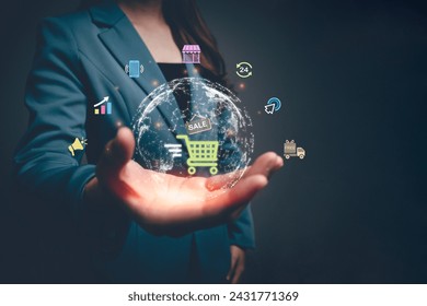 Online shopping, flash sale, discount codes, free shipping, e-commerce, social commerce, technology internet shopping, product delivery, digital marketing concept. Woman showing shopping cart icon. 
