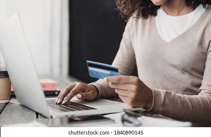 Online Shopping. Young Woman Holding Credit Card And Using Laptop At Home. Payment Online, E-commerce, Internet Banking, Spending Money, Ordering Delivery, Business, Finance Concept