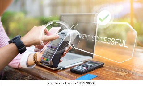 Online Smart Payment Devices And Technology Using Mobile Smartphone Scan Cellphone And Payment Terminal, Sales Person Pay Buy Purchase Product Wireless Digital Money Transaction, Graphical Ui Icon