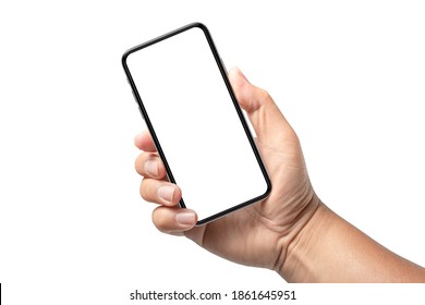 Online social media communication. Hand holding phone isolated on white background with clipping path  - Shutterstock ID 1861645951