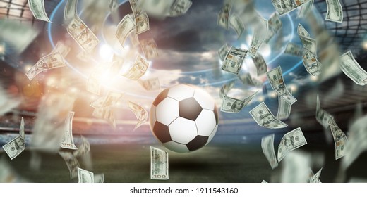 Online Sports Betting. Soccer Ball With Falling Dollars On The Background Of The Stadium. Creative Background, Gambling