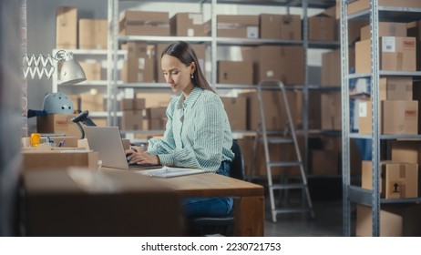 Online Store Inventory Manager Using Laptop Computer, Preparing a Small Parcel for Postage. Young Confident Small Business Owner Working in Storeroom, Preparing Order for Client.