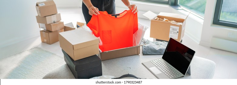 Online store selling clothes on website working on laptop ecommerce business from home. Woman packing new clothing fashion purchase in shipping packages for delivery. Panoramic banner.