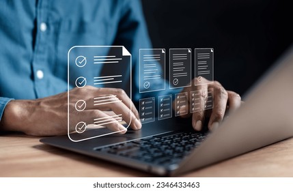 Online survey and digital form checklist by laptop computer, Document Management Checking System, online documentation database and process manage files.	