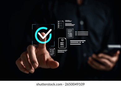 Online survey and digital form verification with approval workflow system, highlighting smart data processing, secure document management, and seamless interaction in a virtual interface.