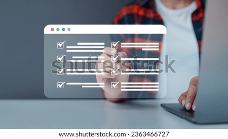Online survey questionnaire with checkboxes. Complete an online survey form Creating a satisfaction survey form and voting to vote. Assessment for business development to rank customer satisfaction. Foto stock © 