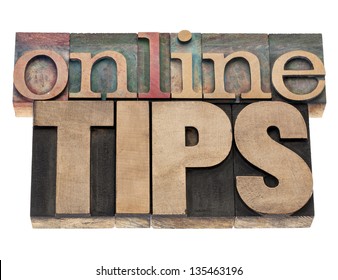 online tips - internet help concept - isolated text in vintage letterpress wood type printing blocks