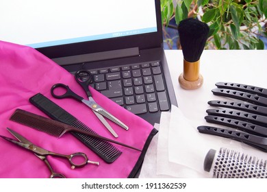 Online Training For A Hairdresser. Barber Barber Tools On Laptop On Light Background, Copy Space.