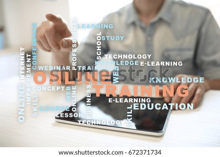 Online training on the virtual screen. Education concept. Words cloud.