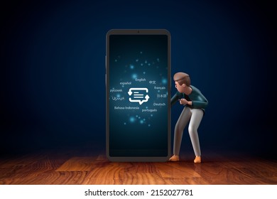 Online Translator And Language E-learning Course On Smart Phone Concept. Model Person With Symbol Of Translation (speech Bubble With) And Globally Important Languages.