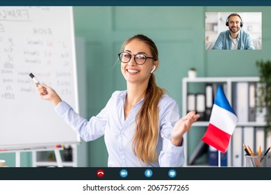 Online tutoring. Young female teacher having video call and teaching French language, talking to camera during web call, male student sitting at desk and listening