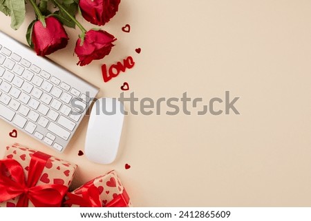 Online Valentine's Day Gift Buying. Top view shot of keyboard, computer mouse, hearts, presents, red roses on beige background with advert space
