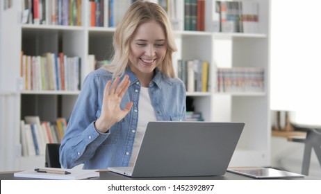 Online Video Chat By Young Blonde Woman, Discussing Work