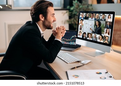 Online video communication. Smart caucasian male stock agent, conducts online trading lesson, talking by a video conference with multiracial team, working out a crypto strategy, discussing risks - Powered by Shutterstock