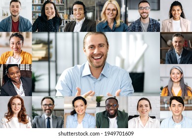 Online video conference. Caucasian successful friendly man conducts online briefing with multi-national business team using video call app, distance communication concept - Shutterstock ID 1949701609