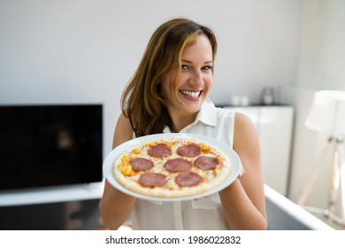 Online Virtual Cooking Class. Happy Woman Showing Pizza